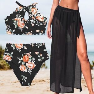 Set: Cupshe Halter Top scalloped cut bikini with the shear maxi side tie sarung